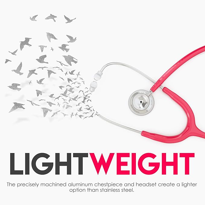 MDF Instruments, Acoustica Lightweight Stethoscope for Doctors, Nurses, Students, Home Health Use, Adult, Dual Head, Raspberry Tube, Silver Chestpiece-Headset, MDF747XP23