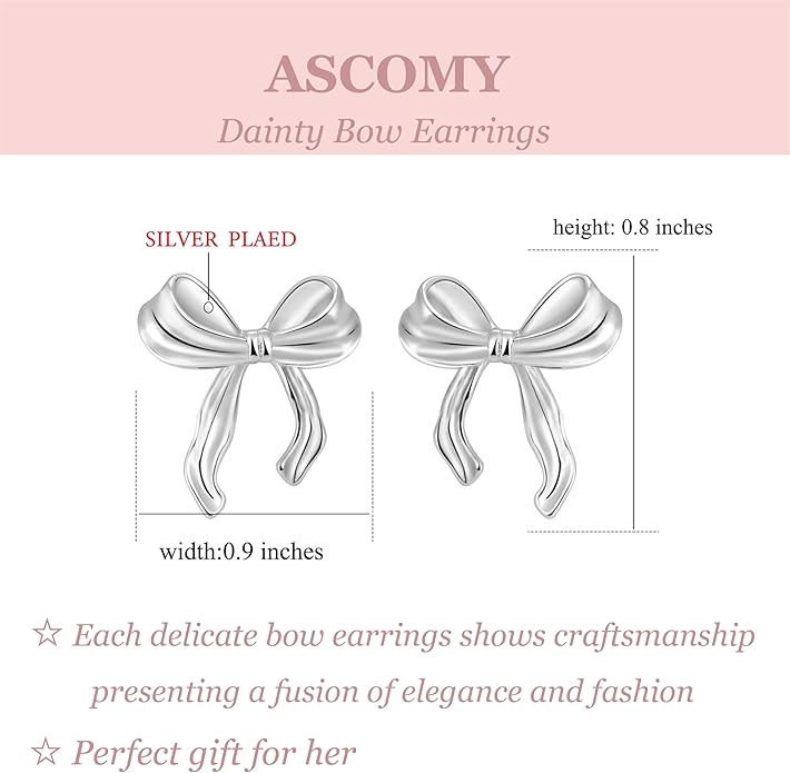 ASCOMY Gold Stud Earrings for Women - Dainty Bow 14K Gold/Silver Plated Pearl Earrings - Trendy Cute Ribbon Minimalist Jewelry Gifts for Her