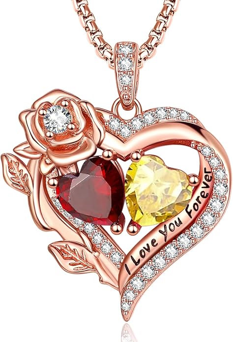 Rose Heart Necklaces for Women, Rose Gold Forever Love Jewelry with 2 Birthstones Pendant, Christmas Anniversarry Birthday Gifts for Her Wife Mom Grandma, 18+2 Inch Chain