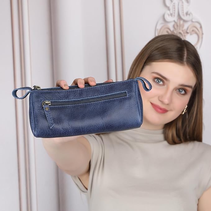 Leather Cosmetic Bags For Men and Women Travel Set HandCrafted Leather Makeup Bag, Small Toiletry Bag, Makeup Essentials Organiser Mini Cosmetic Pouch For Purse Dopp Kit