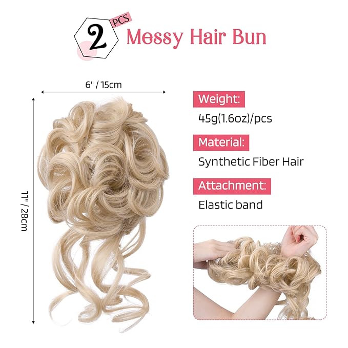 HOOJIH 2PCS Messy Bun Hair Piece, Tousled Updo with Tendrils Hair Bun Extensions Wavy Curly Hair Wrap Ponytail Hairpieces Hair Scrunchies for Women HB010 Dasiy - Light Golden Blonde