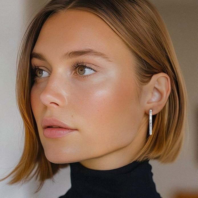 14K White Gold Textured Medium Hoop Earrings Polished Snap Back Secure Rhodium Plated 30mm Round Comfort Lightweight For Women Gift Luxury Italian Jewelry
