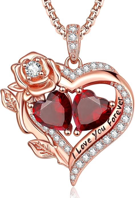 Rose Heart Necklaces for Women, Rose Gold Forever Love Jewelry with 2 Birthstones Pendant, Christmas Anniversarry Birthday Gifts for Her Wife Mom Grandma, 18+2 Inch Chain