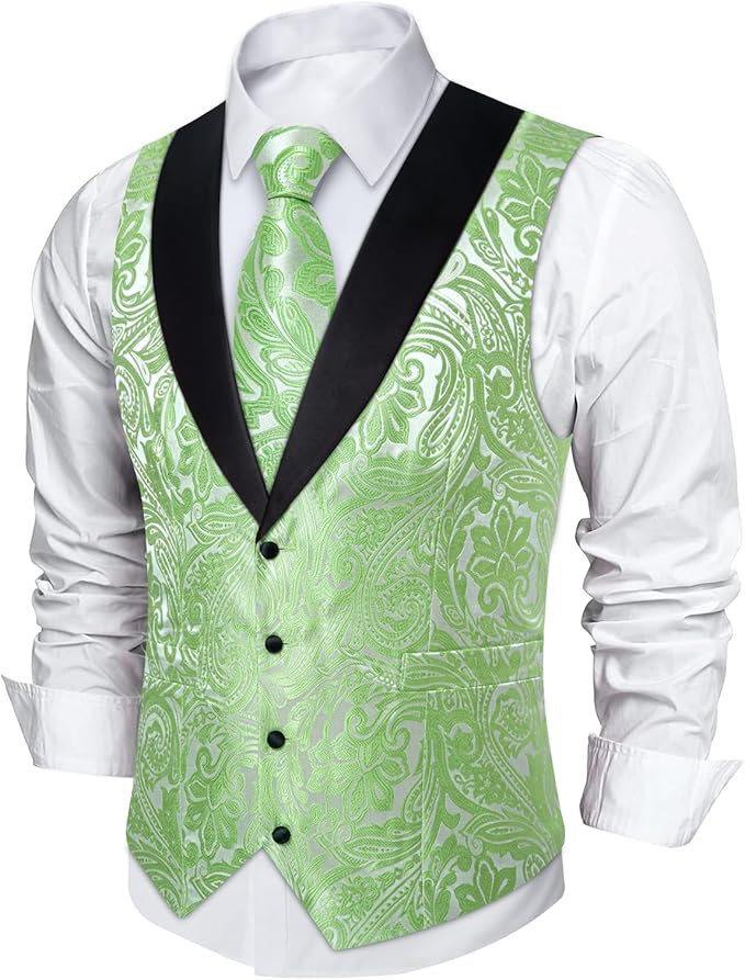 DiBanGu Mens Paisley Suit Vest Silk Jacquard Waistcoat and Necktie Set Formal Shawl Collar Dress Vest 7PCS for Wedding Party