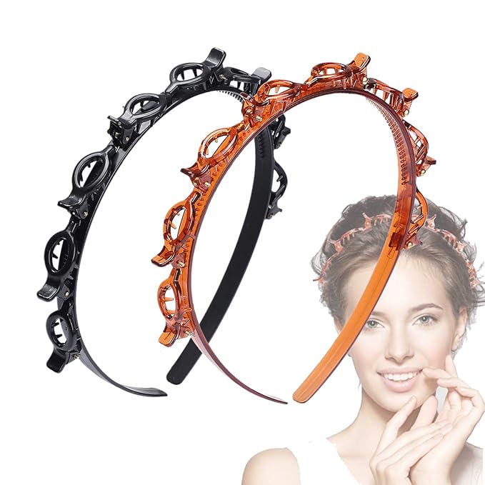 JASSINS 2 Pcs Bangs Hairstyle Hairpin Headband, Professional Weave Bangs Clip, Toothed Headband Braid Tool, Women Girls Fashion Hair Accessories (Black and Brown)