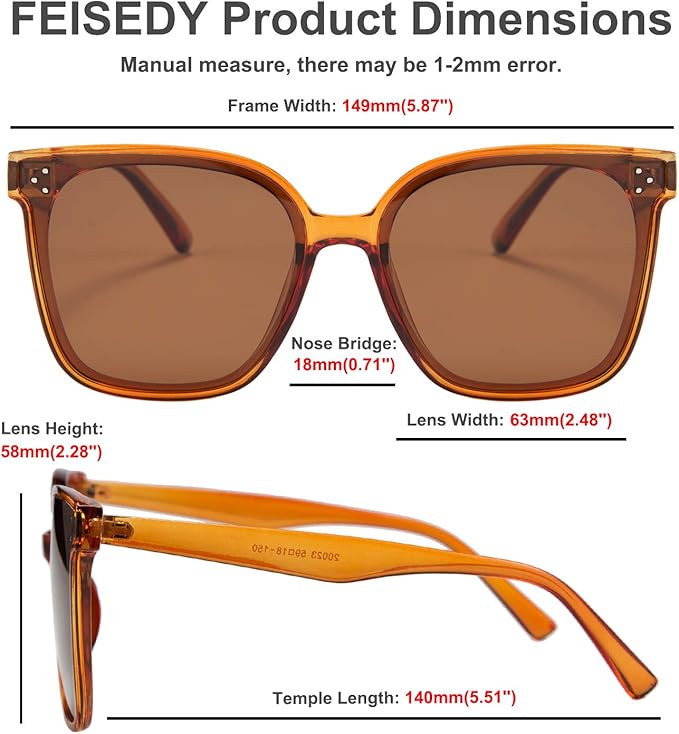 FEISEDY Oversized Polarized Sunglasses - UV400 Protection, Square Fashion Sun Glasses for Outdoor & Daily B2600