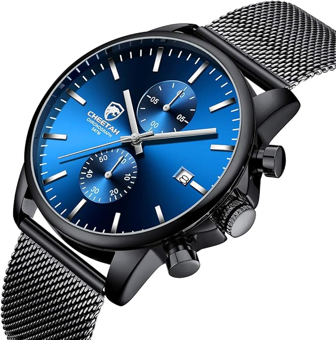 GOLDEN HOUR Mens Watch Fashion Sleek Minimalist Quartz Analog Mesh Stainless Steel Waterproof Chronograph Watches for Men with Auto Date