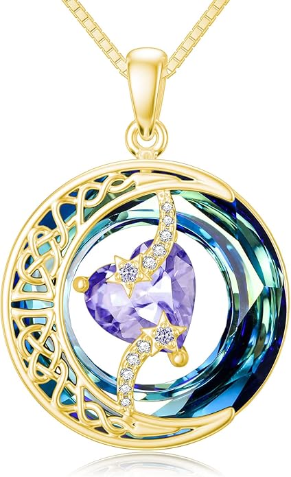 TOUPOP Birthstone Necklace 925 Sterling Silver Moon and Star Pendant with Blue Crystal Celtic Moon Jewelry Birthday Valentines Day Gifts for Women Mom Wife Her