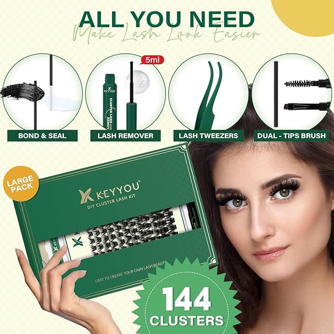 DIY Lash Extension Kit KEYYOU 144pcs Lash Clusters Eyelash Extension Kit with Mascara Brush Bond and Seal Lash Glue Remover Lash Applicators Lash Brush for DIY Lash Extensions (Y24 KIT)
