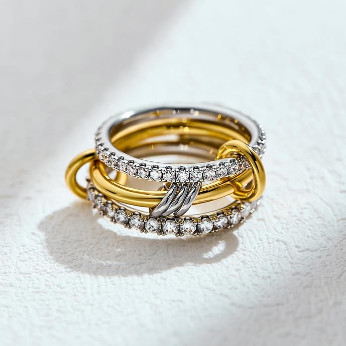 AllenCOCO 14K Gold Plated Stackable Rings, 3 Ring Set with CZ Cubic Zirconia, Gold & Silver Stacked, Interlocking Band for Women Statement