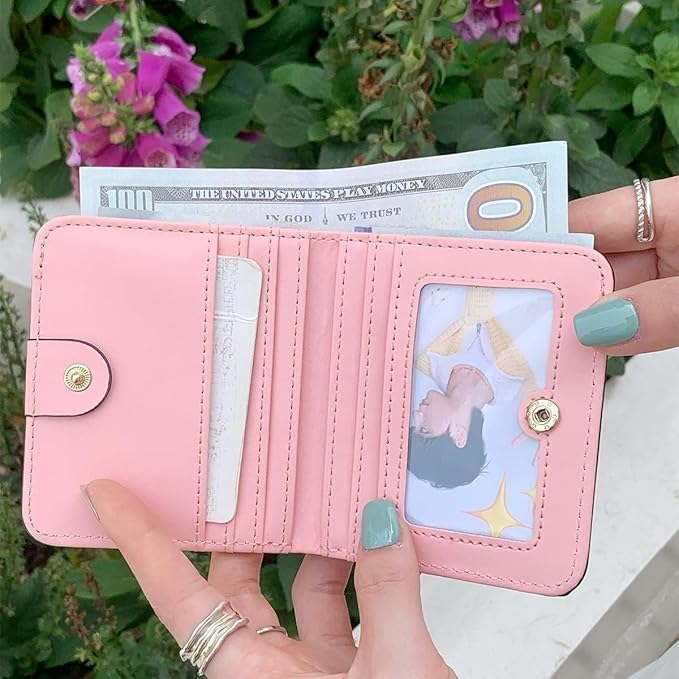Genuine Leather Wallet for Women Slim Bifold RFID Blocking Secure with Zipper Closure and ID Window (Pink)