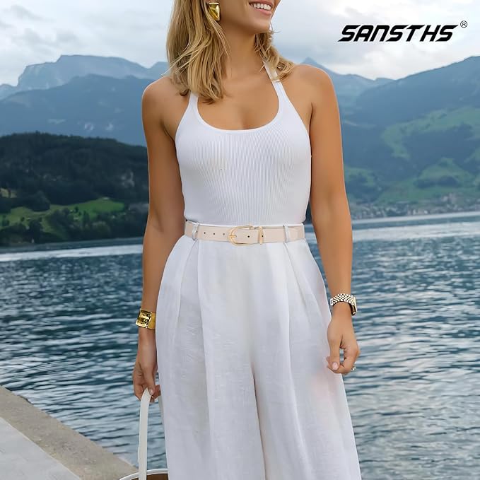 SANSTHS Women Faux Leather Chic Belts for Jeans Pants Fashion Ladies Belt Solid Color with Gold Curved Pin Buckle