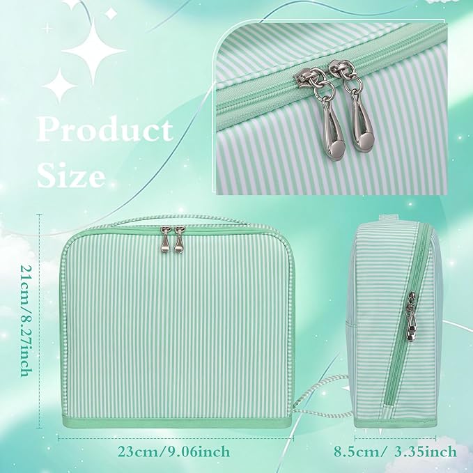 Striped Makeup Bag Large Cosmetic Bags for Women Gift with Brush Loops Mesh Pocket Wrist Strap Travel Organizer Storage Pouch Toiletry Case with Divider for Mirror(Fresh Green)