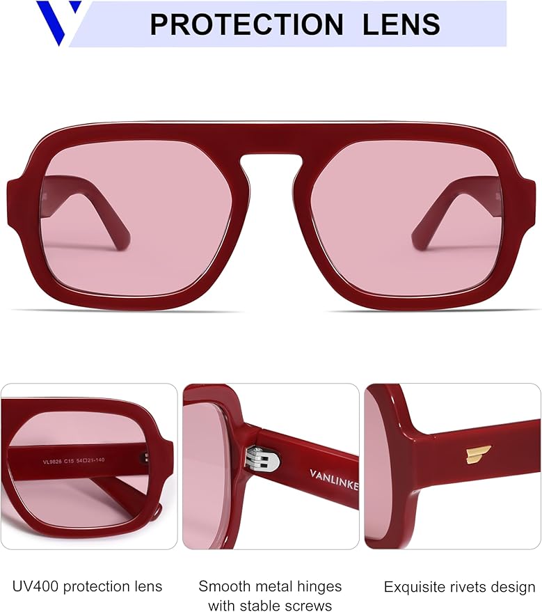 VANLINKER Oversized Retro Square Aviator Sunglasses for Women Men 70s Vintage Style Trendy Big Flat Top Sun Glasses VL9826