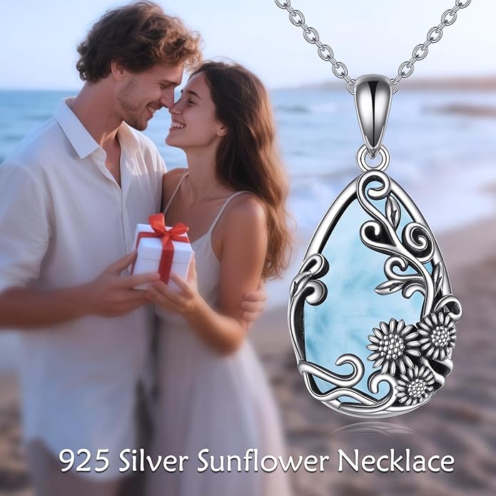 YFN Black Obsidian/Moonstone/Turquoise/Moss Agate Sunflower Filigree Teardrop Pendant Necklace Jewelry for Women - 925 Sterling Silver