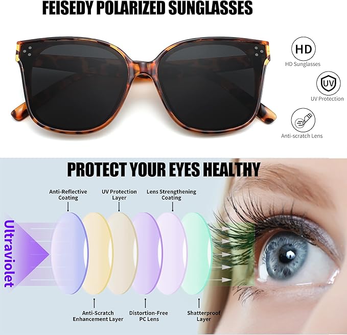 FEISEDY Oversized Polarized Sunglasses - UV400 Protection, Square Fashion Sun Glasses for Outdoor & Daily B2600