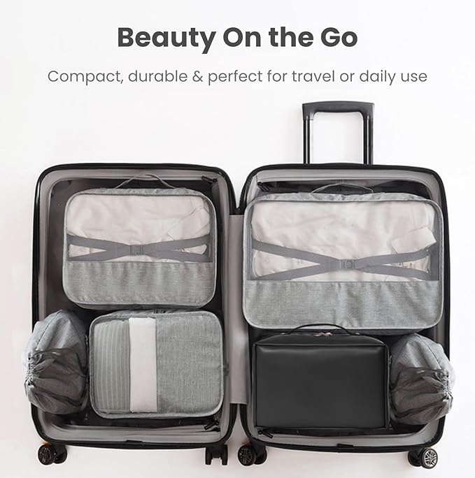 Travel Makeup Organizer Bag, Large Capacity Cosmetic Bags with Multiple Compartments, Open-Flat Toiletry Bag Portable Waterproof Pouch for Women Beauty Essentials (Black)