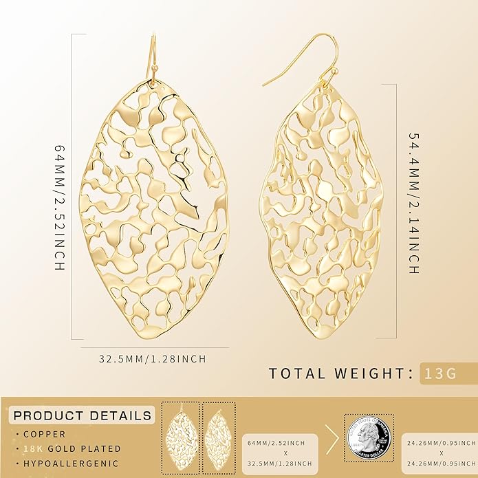 Large Gold Earrings for Women, Chunky Gold Statement Drop Dangle Earring Maple Leave Ginko Leaf Jewelry Gifts