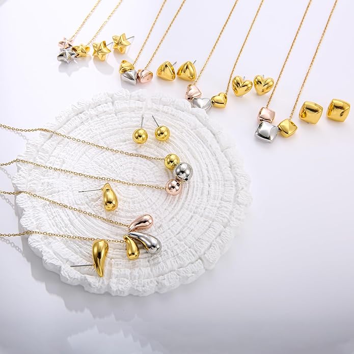Dainty Geometric Jewelry Set for Women - Stainless Steel Necklace & Earrings Minimalist Matching Set