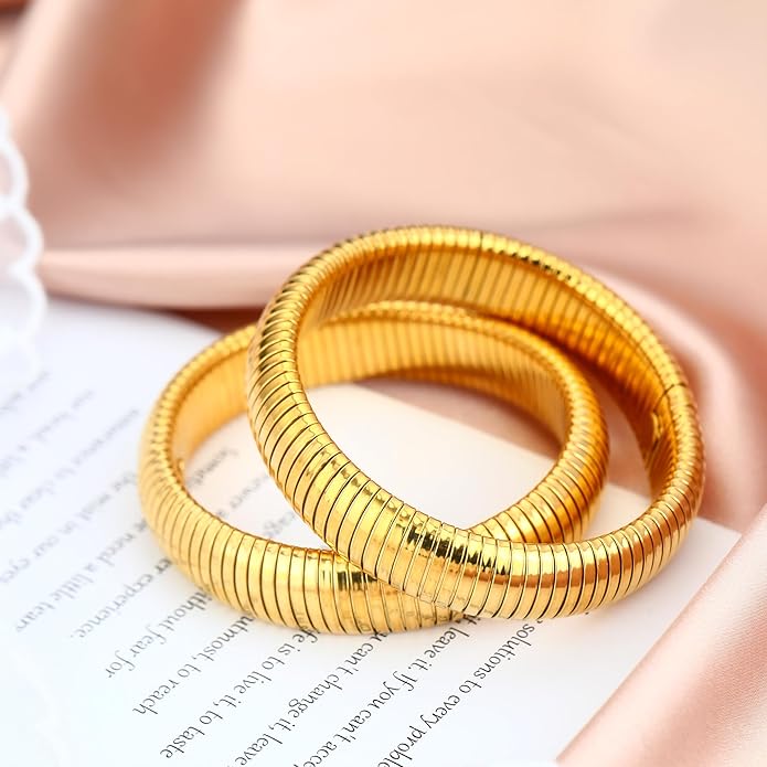 MISS RIGHT Gold Chunky Stretch Snake Chain Bangle Bracelets Stack for Women Trendy, 18K Gold Filled Stainless Steel Stretchy Womens Stackable Wristband Bangles Bracelet Set