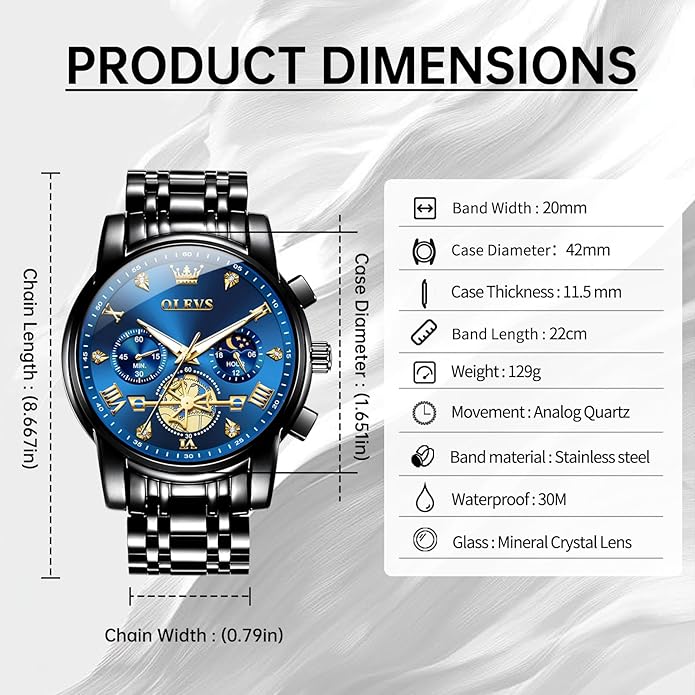 OLEVS Men Silver Watches,Men's Stainless Steel Chronograph Watch,Man Analog Quartz Big Face Male Watches Luxury Waterproof Roman Numeral Dress Diamond Relojes para Hombre