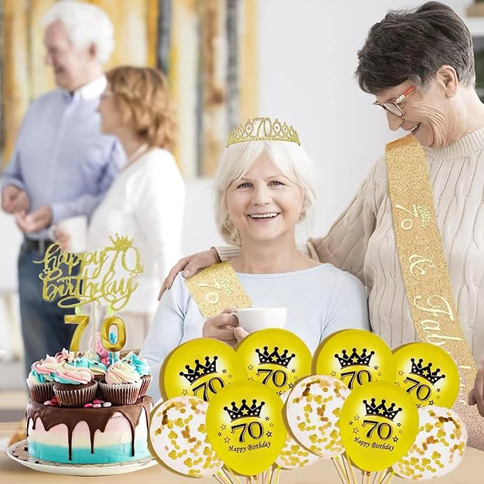 70th Birthday Decorations for Her Girls Set, Include 70th Birthday Crown and 70 Sash, 70th Birthday Cake Topper and 70 Birthday Candles, Gold 70 Balloons, Women 70th Party Supplies(Gold)