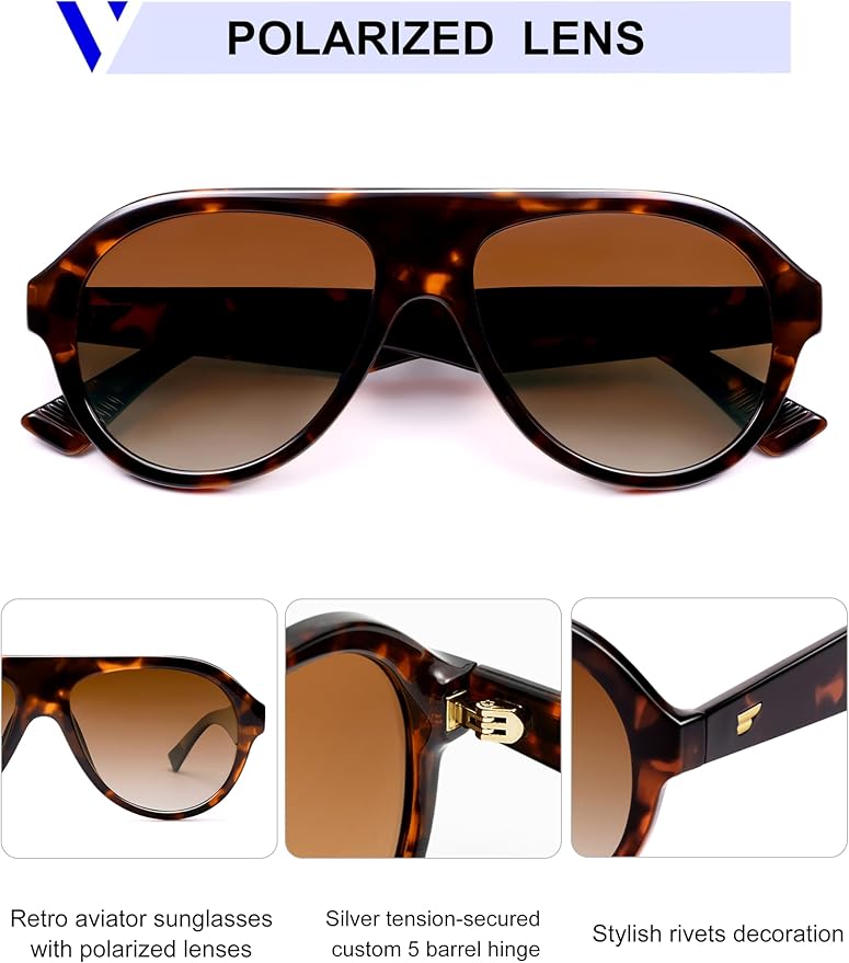 VANLINKER Retro Aviator Polarized Sunglasses for Men Women Trendy 70s Vintage Plastic Frame Sun Glasses VL9750