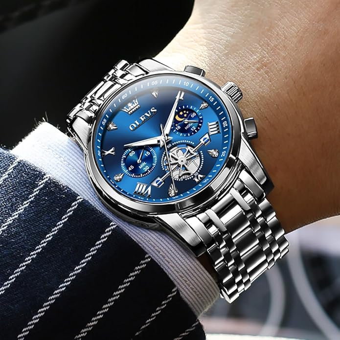OLEVS Men Silver Watches,Men's Stainless Steel Chronograph Watch,Man Analog Quartz Big Face Male Watches Luxury Waterproof Roman Numeral Dress Diamond Relojes para Hombre