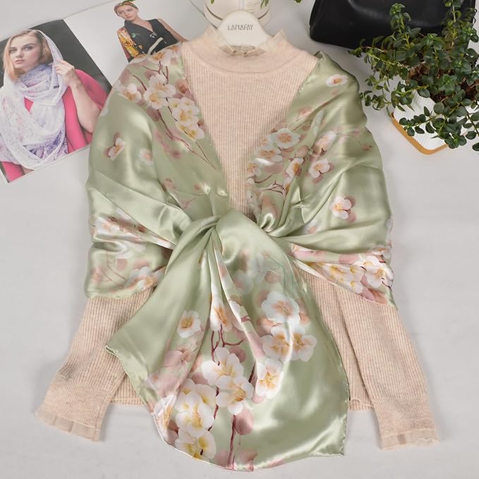 100% Mulberry Silk Scarf for Women Neck Oblong Headscarves Long Floral Print Lightweight Silk Wraps Shawls 67"*20"