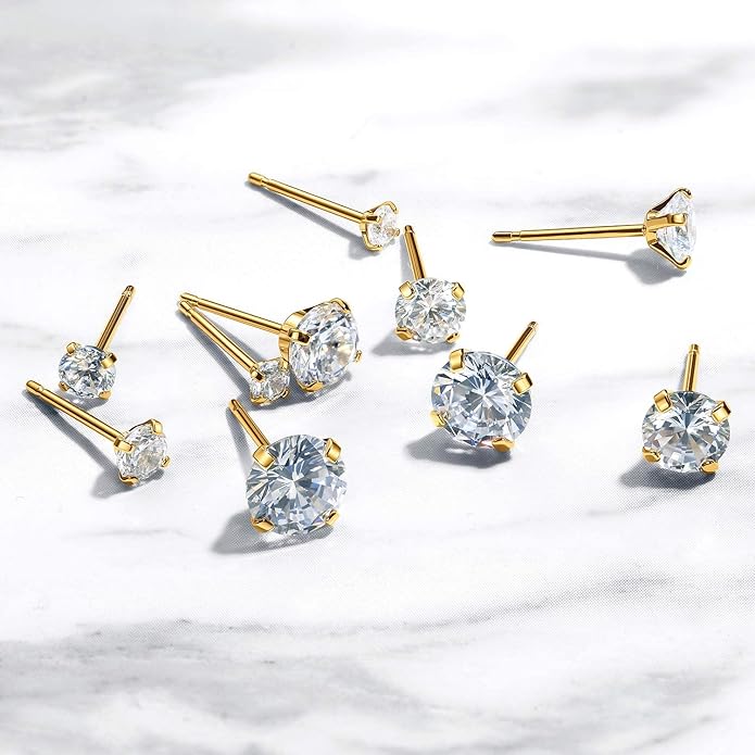 Kainier Women's 14K Gold Plated CZ Stud Earrings Simulated Diamond Round Cubic Zirconia Ear Stud Set（5 Pairs)…
