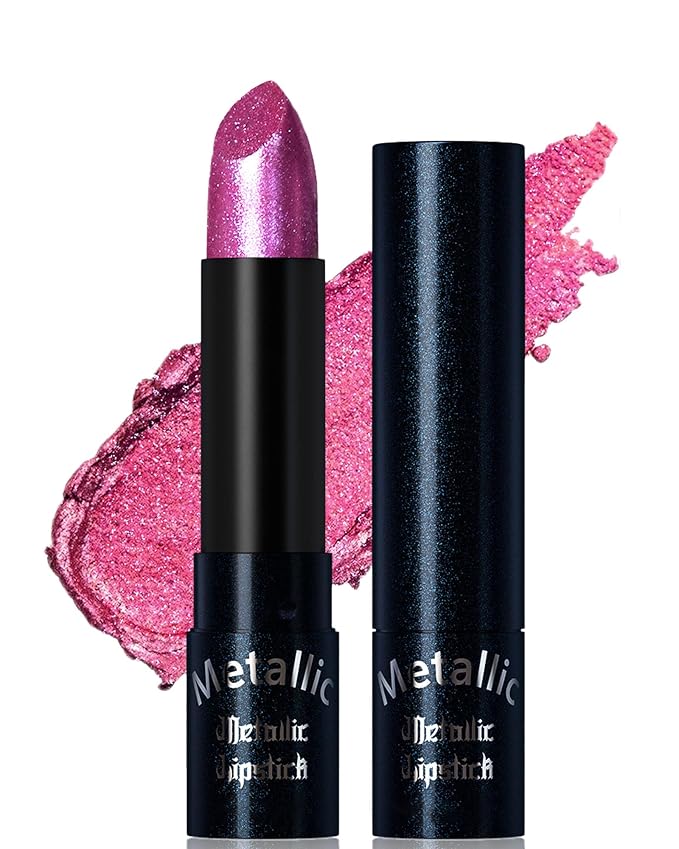 Glitter Metallic Lipstick Shimmer Lip Stick Long Lasting,Hot Pink Diamond Cream Shimmer Tinted Lip Gloss High Pigmented,Metallic Matte Red Lipcolor Stain Women Christmas Non Stick Lips Makeup-06