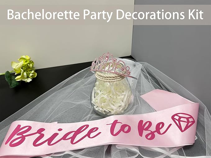 JETKONG 3 Pcs Bachelorette Party Decorations BRIDE Crown, Bride to Be Sash&Veil for Women Bachelorette Party Gifts, Bridal Shower Supplies, Gifts, Favors (Pink)