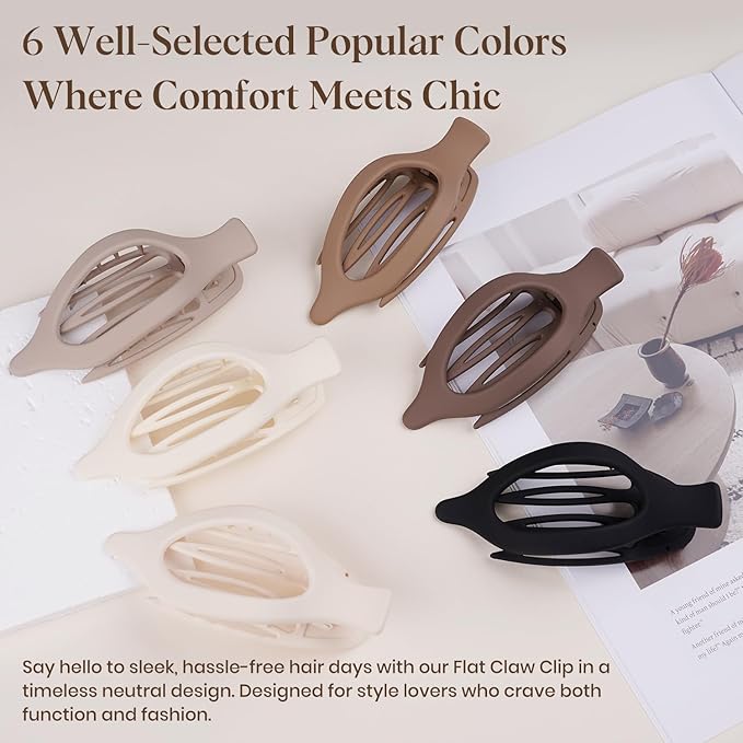 6 PCS Large Flat Hair Clips for Women Girls, French Concord Lay Down Claw Clips for Thick Thin Hair, Comfortable Curved Flat Clips, Matte Non-slip Strong Hold Hair Accessories, Brown