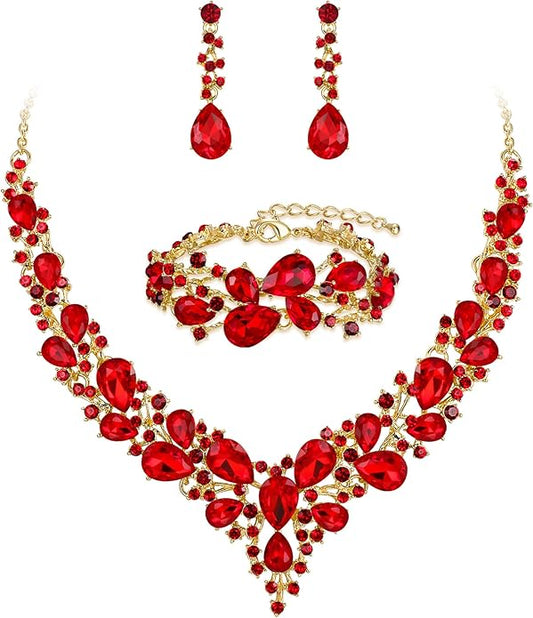 BriLove Wedding Bridal Jewelery for Women Austrian Crystal Teardrop Cluster Statement Necklace Dangle Earrings Link Bracelet Set