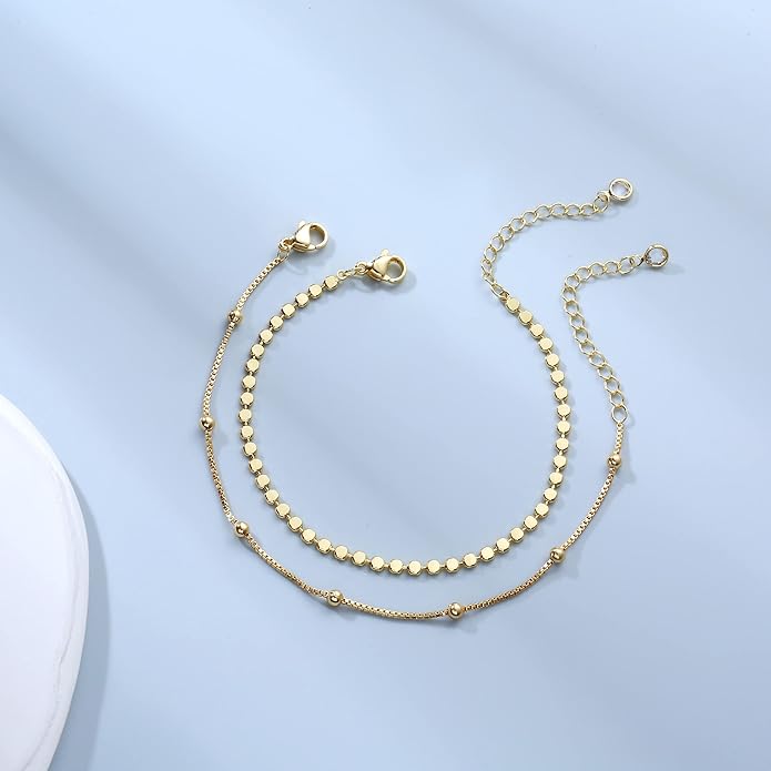 MIDEEO Bracelets for Women Dainty Layered Herringbone Twisted Rope Chain Bracelets Set Layering Dot CZ Leave Beaded Bracelets Dainty Cubic Zirconia Tennis Chain Bracelet Jewelry Gifts