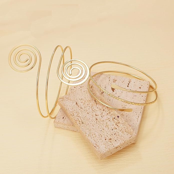 BROCC 2PCS Gold Coil Swirl Upper Arm Bracelet for Women Open Upper Arm Cuff Bangle Armlet Gold Silver Adjustable Armband Bracelet Set