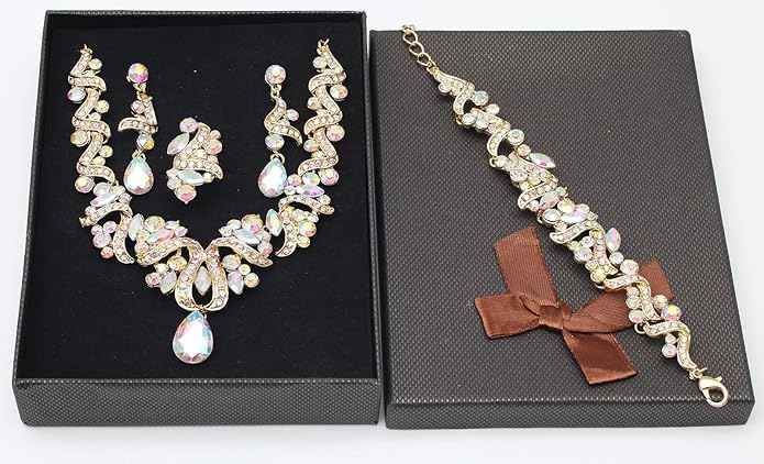 Jewelry Set for Women, Statement Necklace Dangle Earrings Bracelet Ring, White/KC Gold Plated Jewelry Set with Rhinestone Pearl Crystal Wedding Party Jewelry for Bridal Bridesmaid