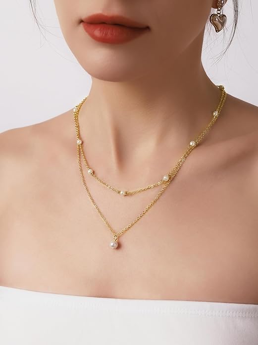 MINACHI Gold Plated Dainty Double Layered Imitation Pearl Chain Necklace for Women, Trendy Simple Minimalist Fashion Jewelry Gift for Women