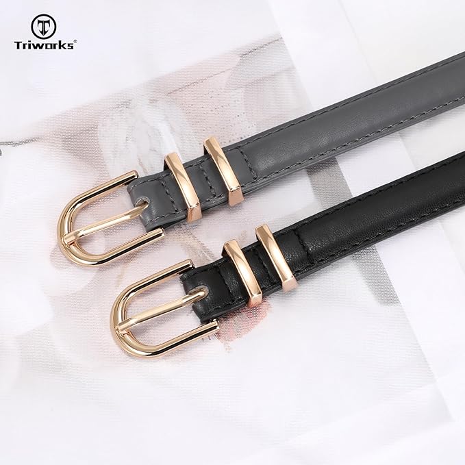 2 Pack Women Skinny Leather Belts for Jeans Pants Thin Faux Leather Belt with Gold Buckle