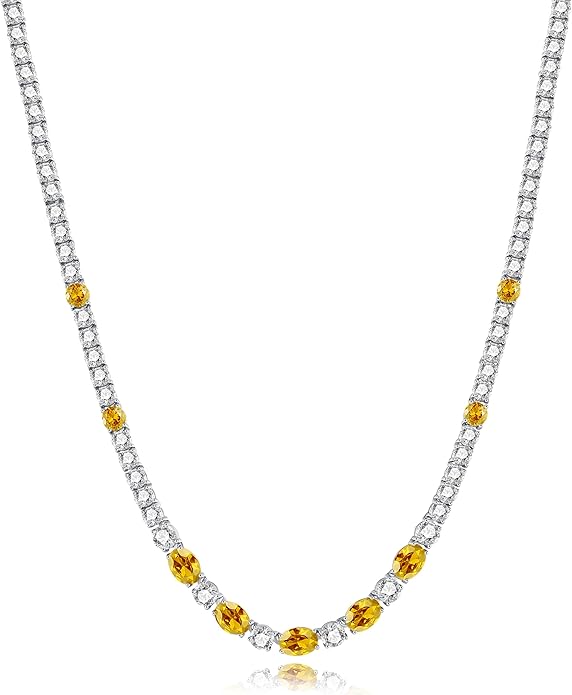 FANCIME Sterling Silver Tennis Necklace 4mm 18 inch Birthstone Necklace with 6 * 8mm Oval Gemstone Luxury Fine Birthday Jewelry Gifts for Women