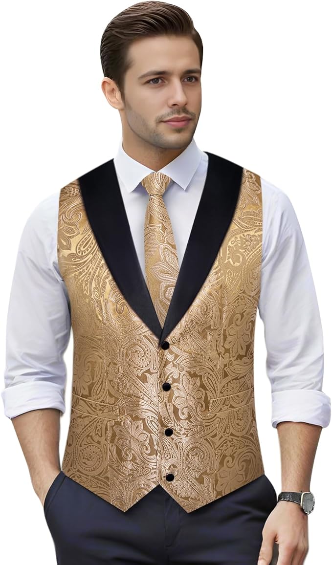 DiBanGu Mens Paisley Suit Vest Silk Jacquard Waistcoat and Necktie Set Formal Shawl Collar Dress Vest 7PCS for Wedding Party