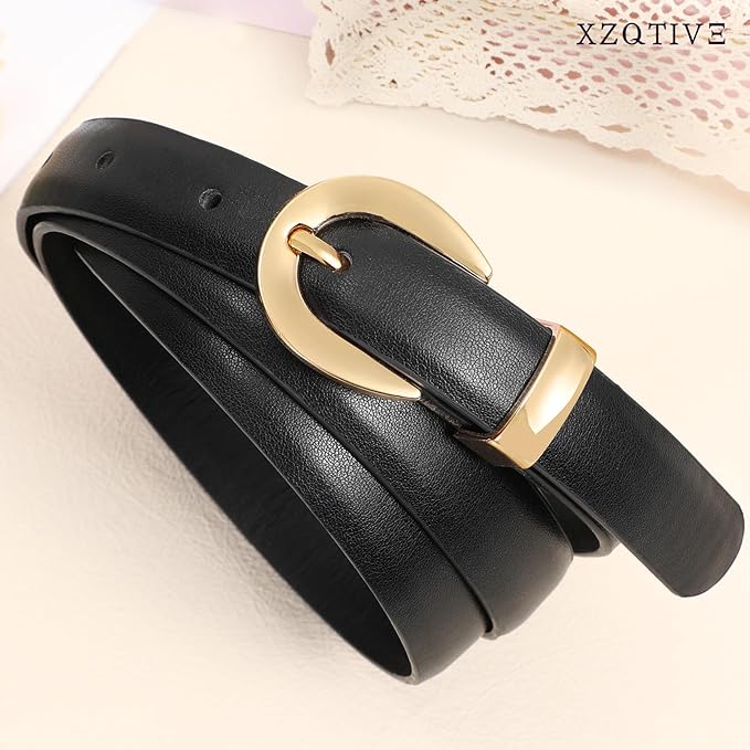 XZQTIVE Women Skinny Leather Belts for Jeans Dress Pants Fashion Ladies Thin Black Waist Belt with Gold Buckle
