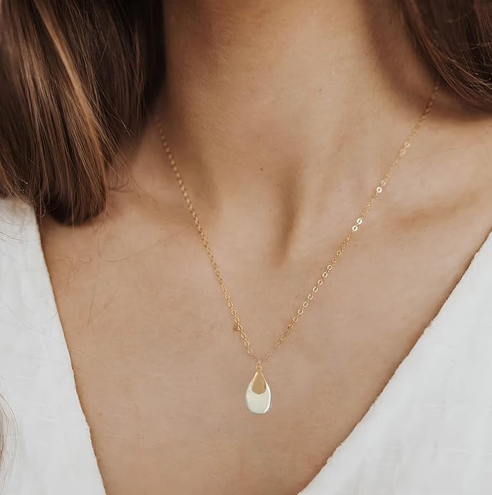Jojomina Mixed Metal Necklace Gold and Silver Two Tone Jewelry for Women Dainty Teardrop Pendant Necklaces for Mom