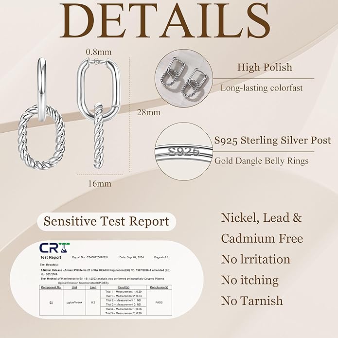 18K Gold Plated Two Tone Gold Silver Hoop Earrings for Women Hypoallergenic - 925 Sterling Silver Drop Dangle Paperclip Huggie Hoop Earrings - Chain Link Dangle Earrings Jewelry