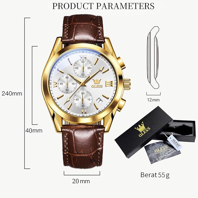 OLEVS Men's Watches Brown Leather with Date,Casual Watches for Men,Large Face Watches Men,Chronograph Mens Watch,Sport Waterproof Business Dress Analog Quartz Men's Wrist Watches Reloj De Hombre