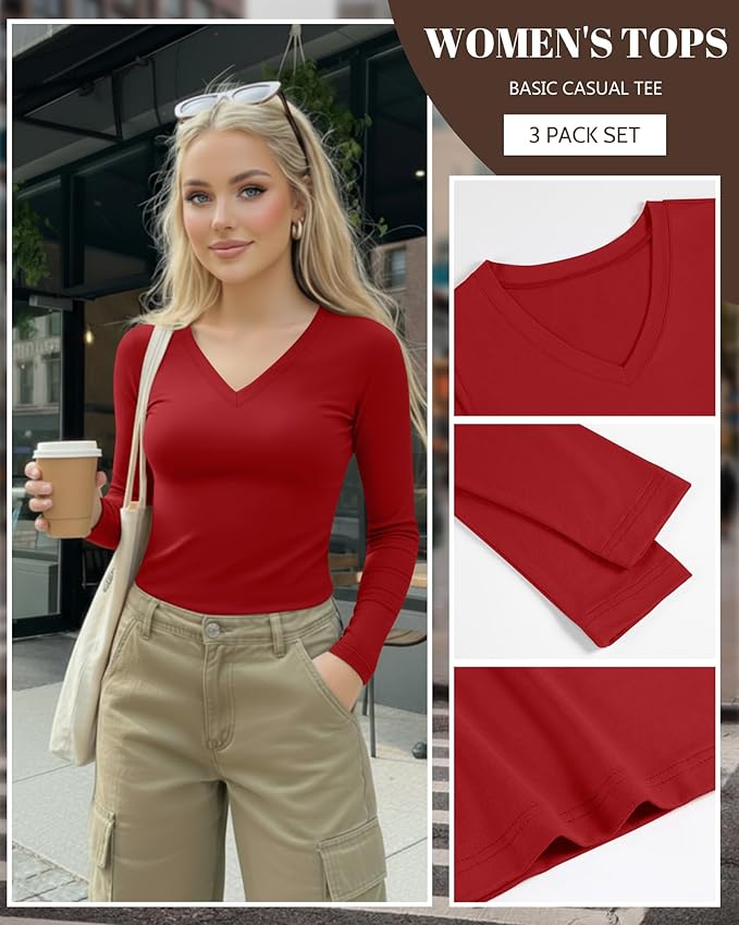 Ficerd 3 Pack Women's Long Sleeve Shirts, V Neck Basic Tees Slim Fitted Casual Fall Tops Going Out Blouses T Shirts