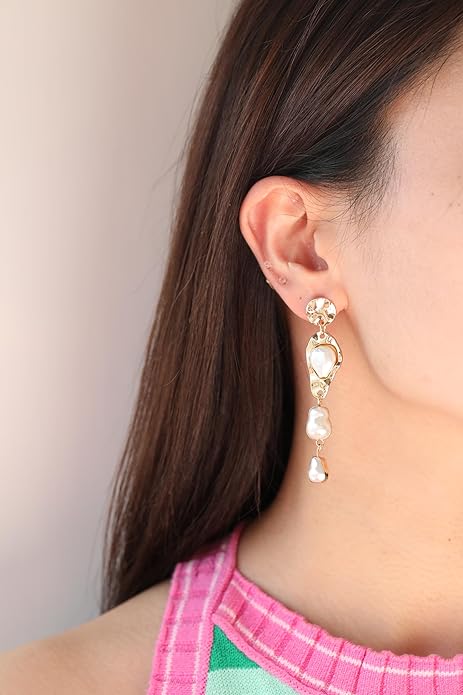 Statement Pearl Dangle Earrings,Gold and Large Pearl,Luxury Chandelier Organic Style Earrings