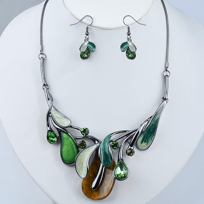 Vintage Statement Jewelry Set Leaf Floral Bohemian Boho Statement Necklace Earring Set Crystal Fashion Costume Jewelry