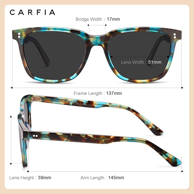 CARFIA Polarized Sunglasses for Women: Acetate, Small/Medium Size, UV400 Anti Glare CA5354