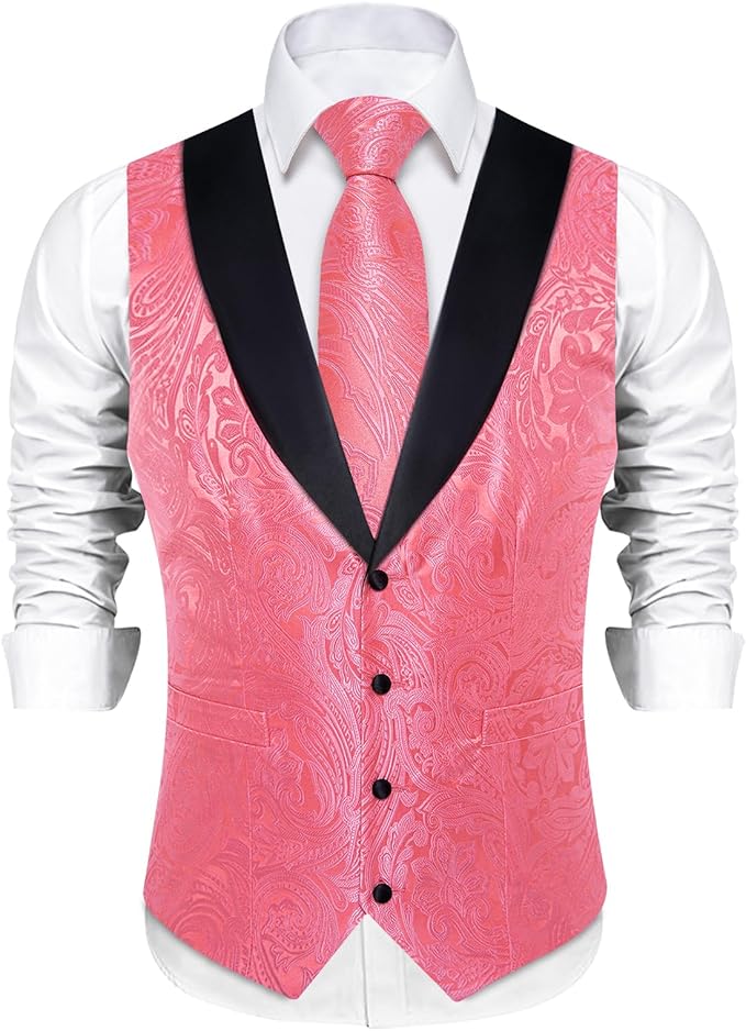 DiBanGu Mens Paisley Suit Vest Silk Jacquard Waistcoat and Necktie Set Formal Shawl Collar Dress Vest 7PCS for Wedding Party